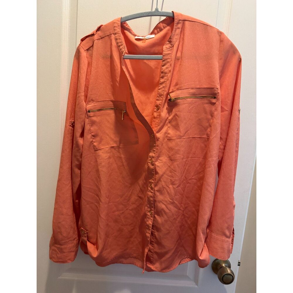 Calvin Klein Coral Roll-Tab Sleeve Zipper Pocket Blouse - Size Medium